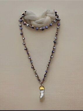 Unbranded Beaded Necklace 36” Purple Crystal Glass Pendant Brown Cord